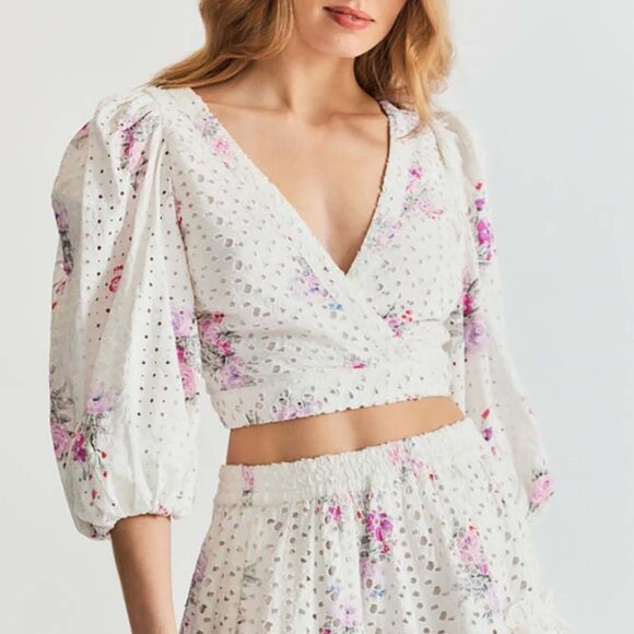 Loveshackfancy Kinza Cropped Floral-print Broderie Cotton-Voile Wrap Top - Picture 1 of 10